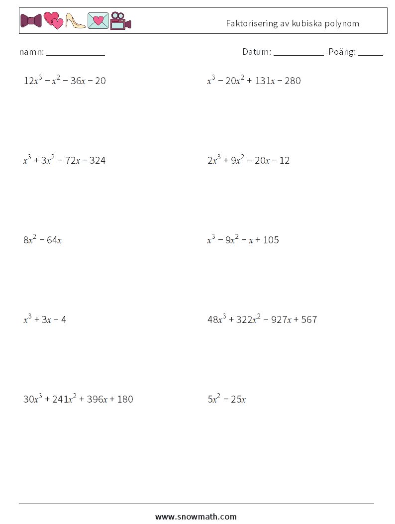 Faktorisering av kubiska polynom Matematiska arbetsblad 7