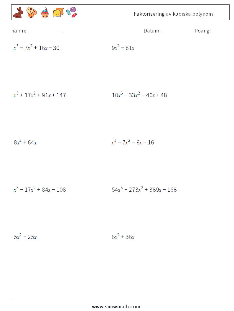 Faktorisering av kubiska polynom Matematiska arbetsblad 8