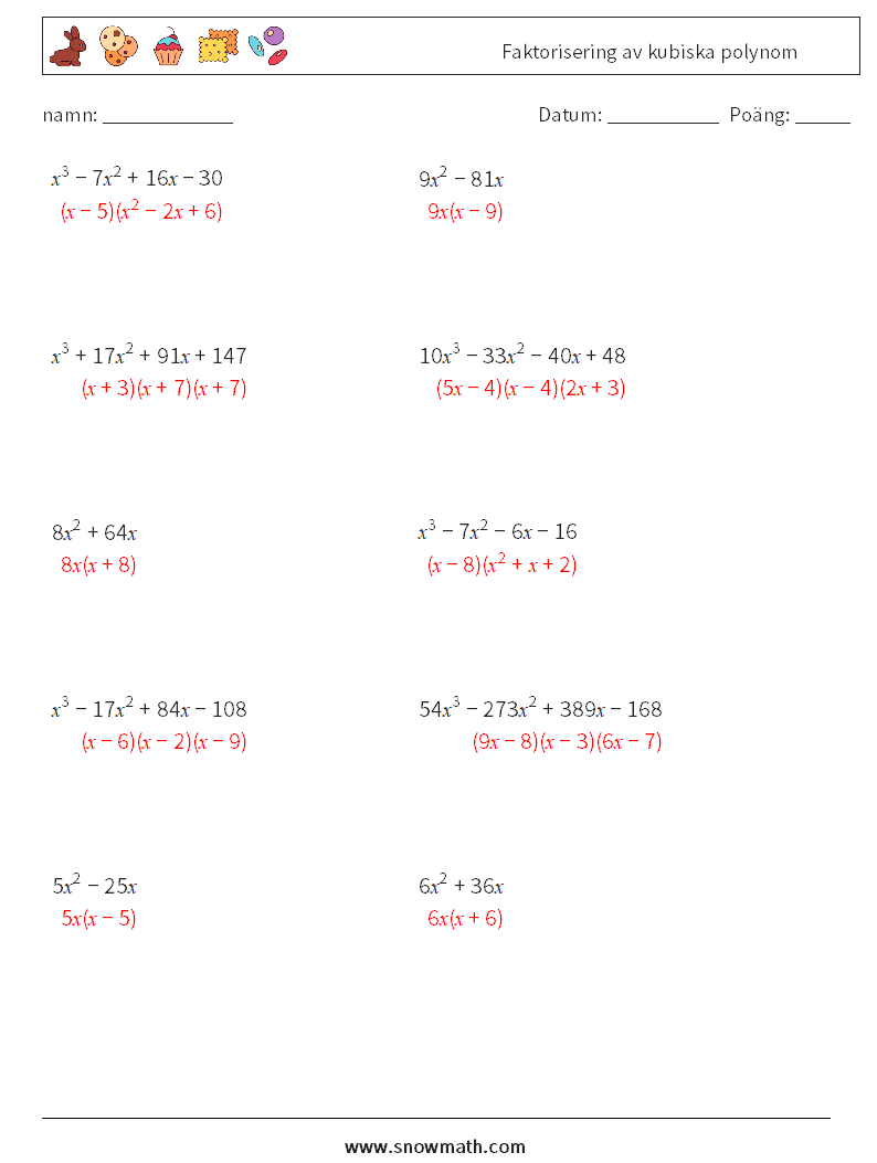 Faktorisering av kubiska polynom Matematiska arbetsblad 8 Fråga, svar