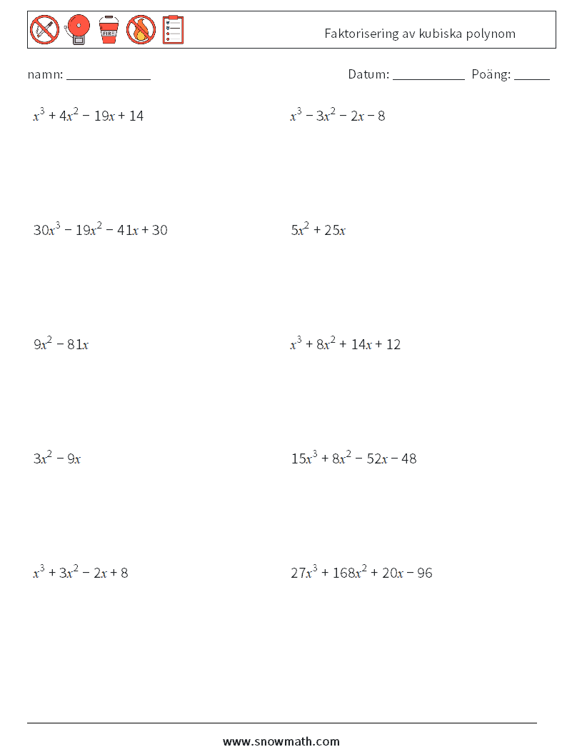 Faktorisering av kubiska polynom Matematiska arbetsblad 9