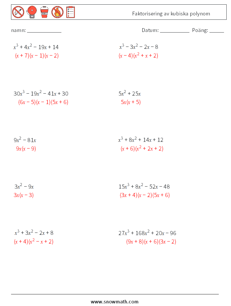 Faktorisering av kubiska polynom Matematiska arbetsblad 9 Fråga, svar