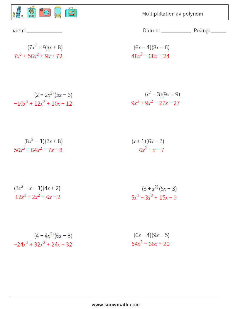 Multiplikation av polynom Matematiska arbetsblad 1 Fråga, svar