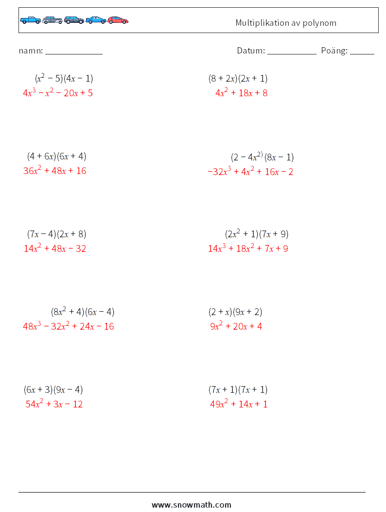 Multiplikation av polynom Matematiska arbetsblad 2 Fråga, svar