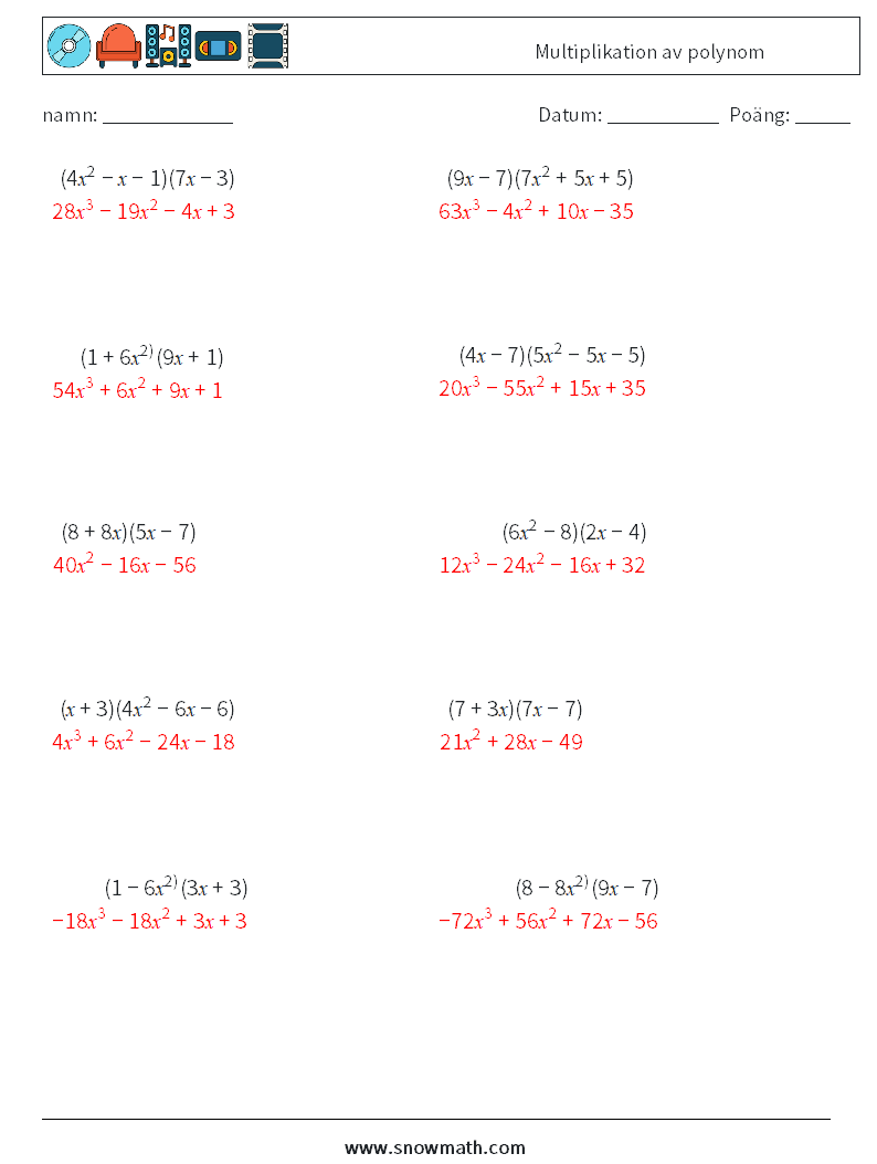Multiplikation av polynom Matematiska arbetsblad 3 Fråga, svar
