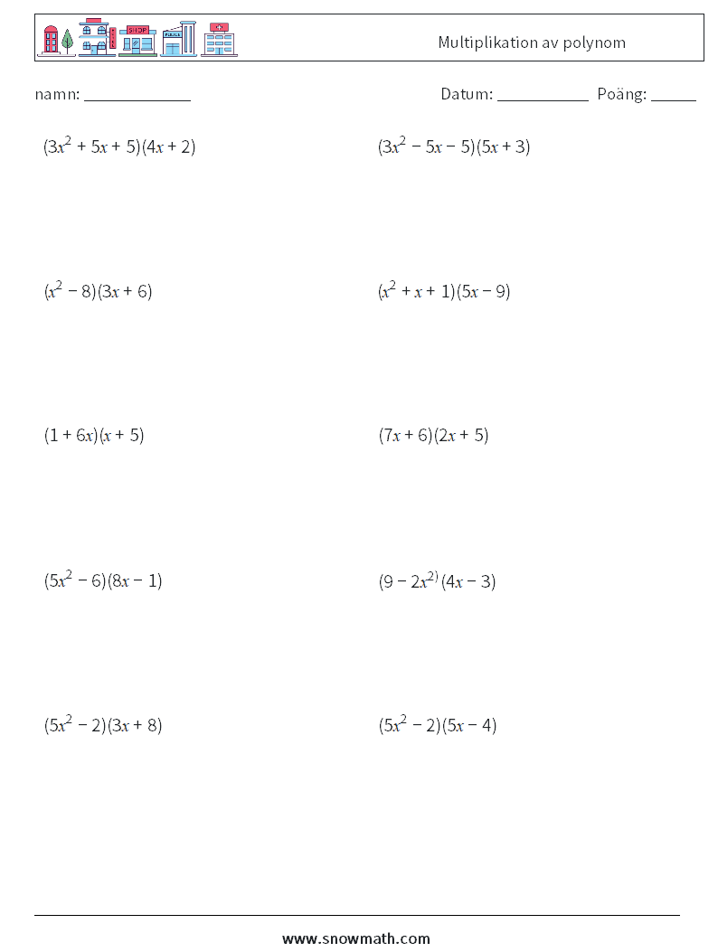 Multiplikation av polynom Matematiska arbetsblad 4