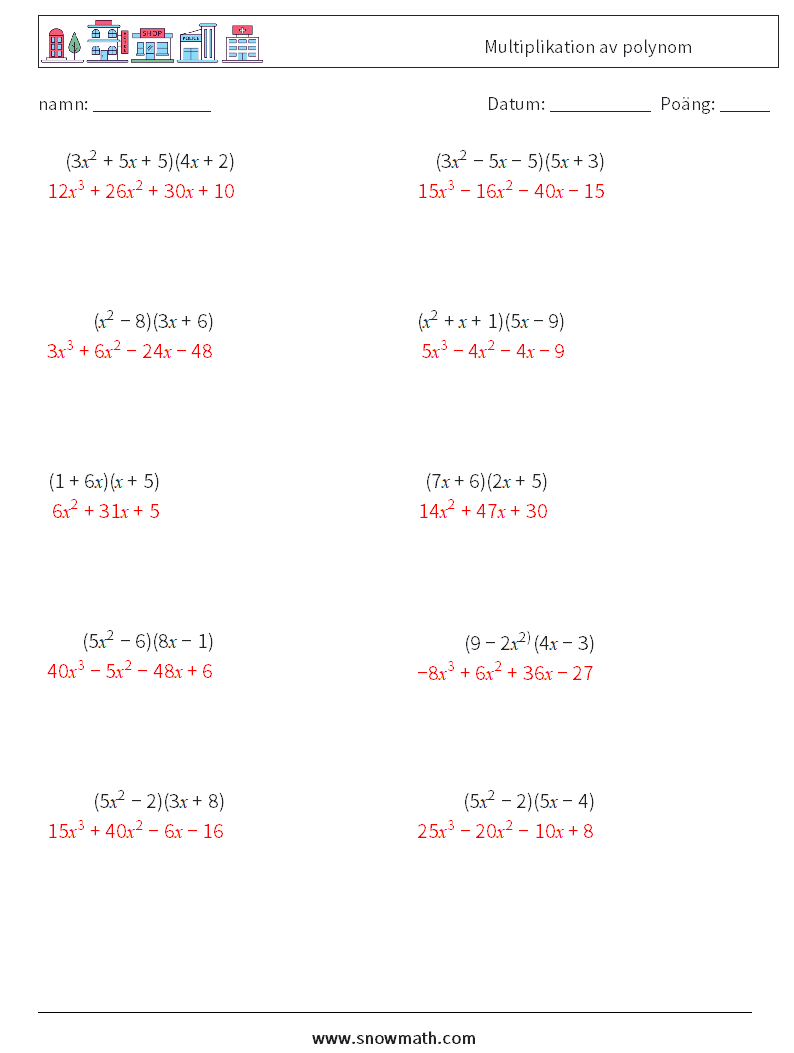 Multiplikation av polynom Matematiska arbetsblad 4 Fråga, svar