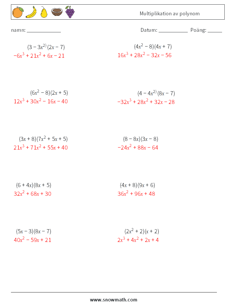 Multiplikation av polynom Matematiska arbetsblad 5 Fråga, svar