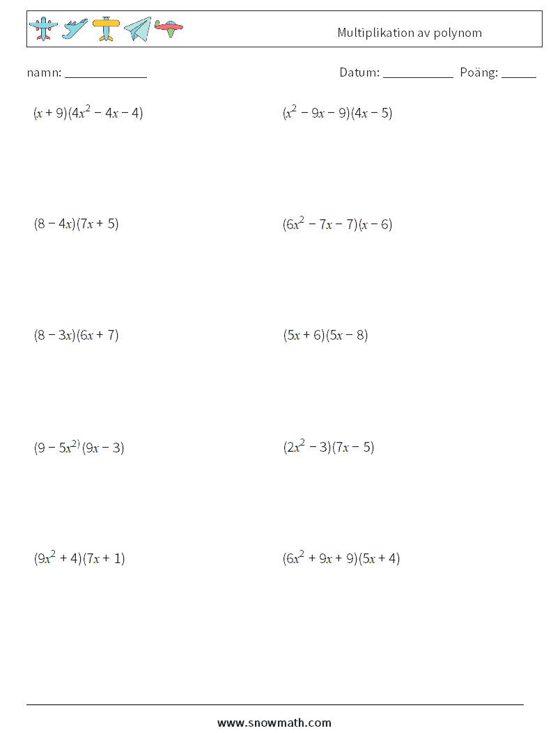 Multiplikation av polynom Matematiska arbetsblad 6