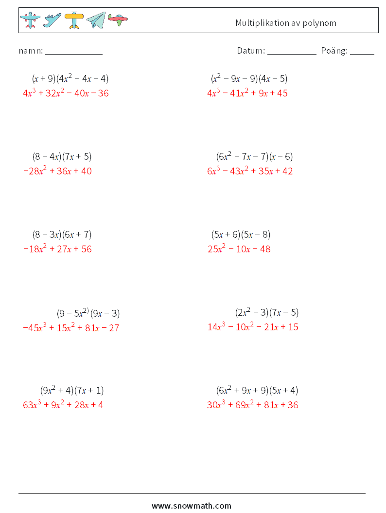 Multiplikation av polynom Matematiska arbetsblad 6 Fråga, svar