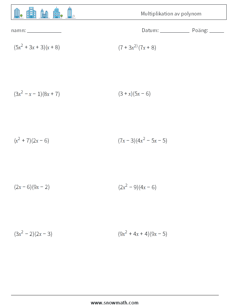 Multiplikation av polynom Matematiska arbetsblad 7