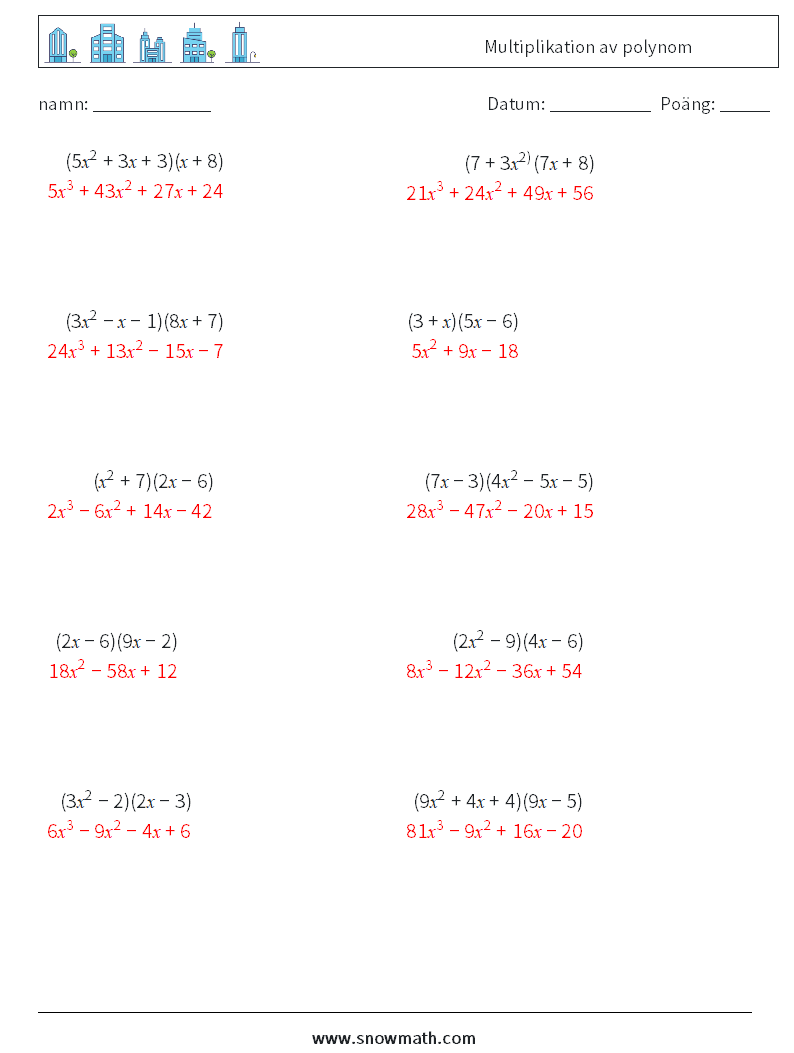 Multiplikation av polynom Matematiska arbetsblad 7 Fråga, svar