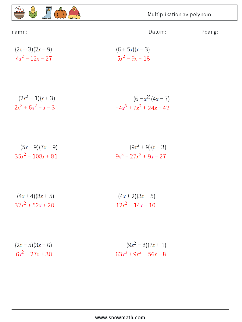 Multiplikation av polynom Matematiska arbetsblad 8 Fråga, svar