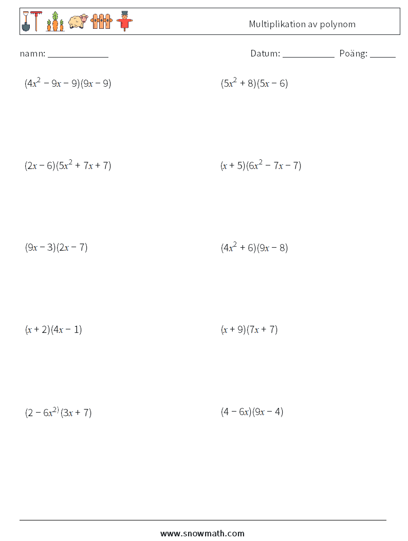 Multiplikation av polynom Matematiska arbetsblad 9