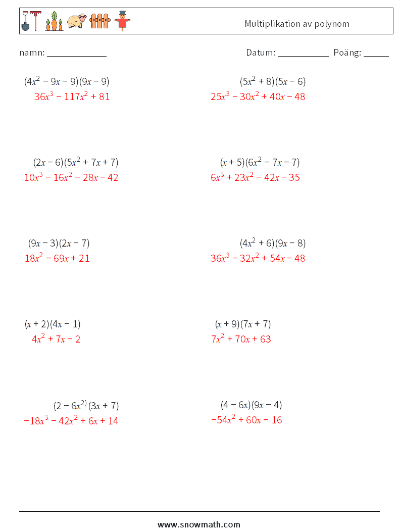 Multiplikation av polynom Matematiska arbetsblad 9 Fråga, svar