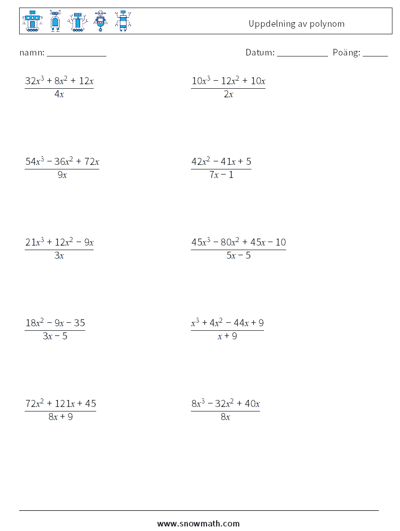 Uppdelning av polynom Matematiska arbetsblad 1