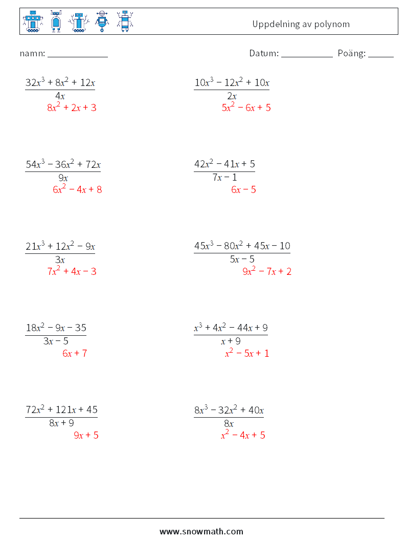 Uppdelning av polynom Matematiska arbetsblad 1 Fråga, svar