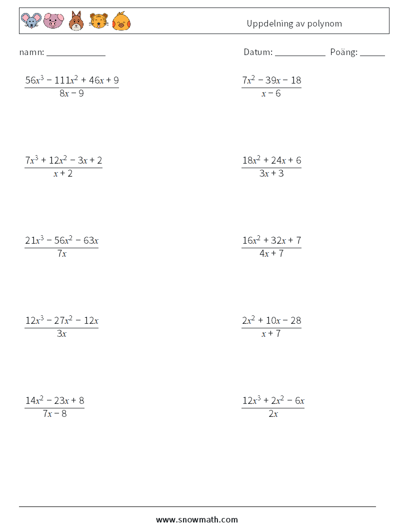 Uppdelning av polynom Matematiska arbetsblad 2