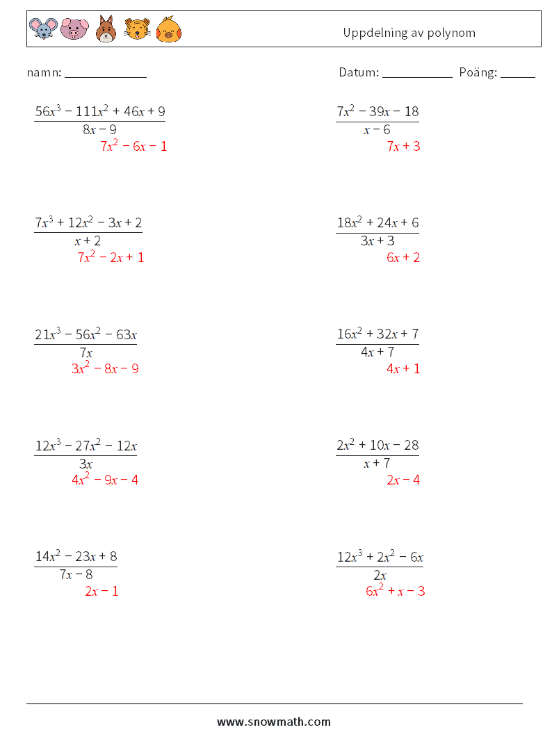 Uppdelning av polynom Matematiska arbetsblad 2 Fråga, svar