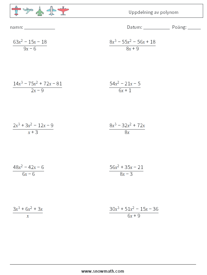 Uppdelning av polynom Matematiska arbetsblad 3