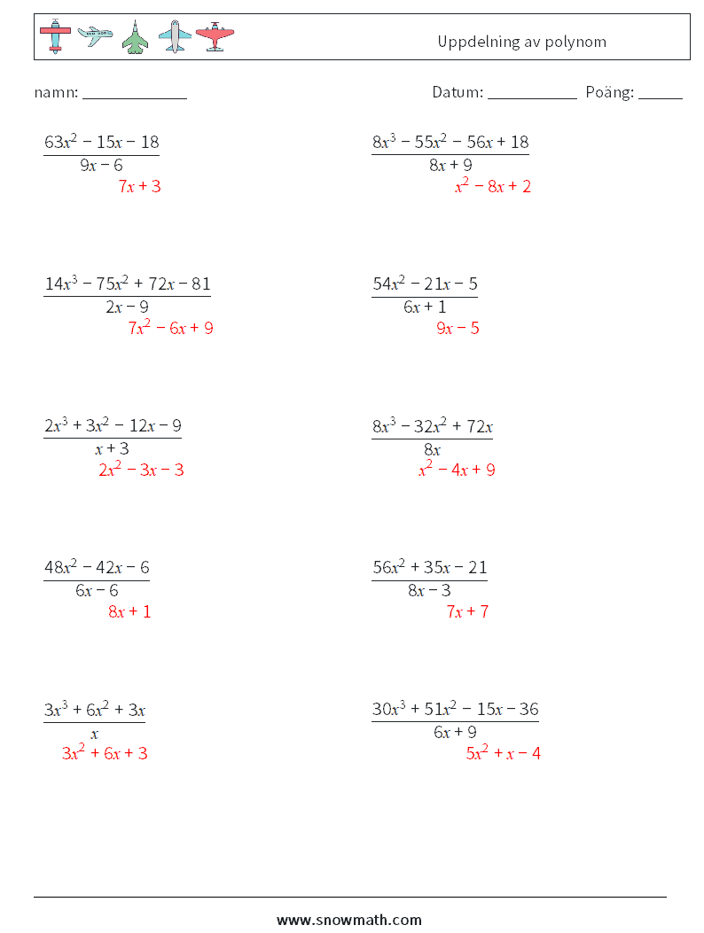 Uppdelning av polynom Matematiska arbetsblad 3 Fråga, svar