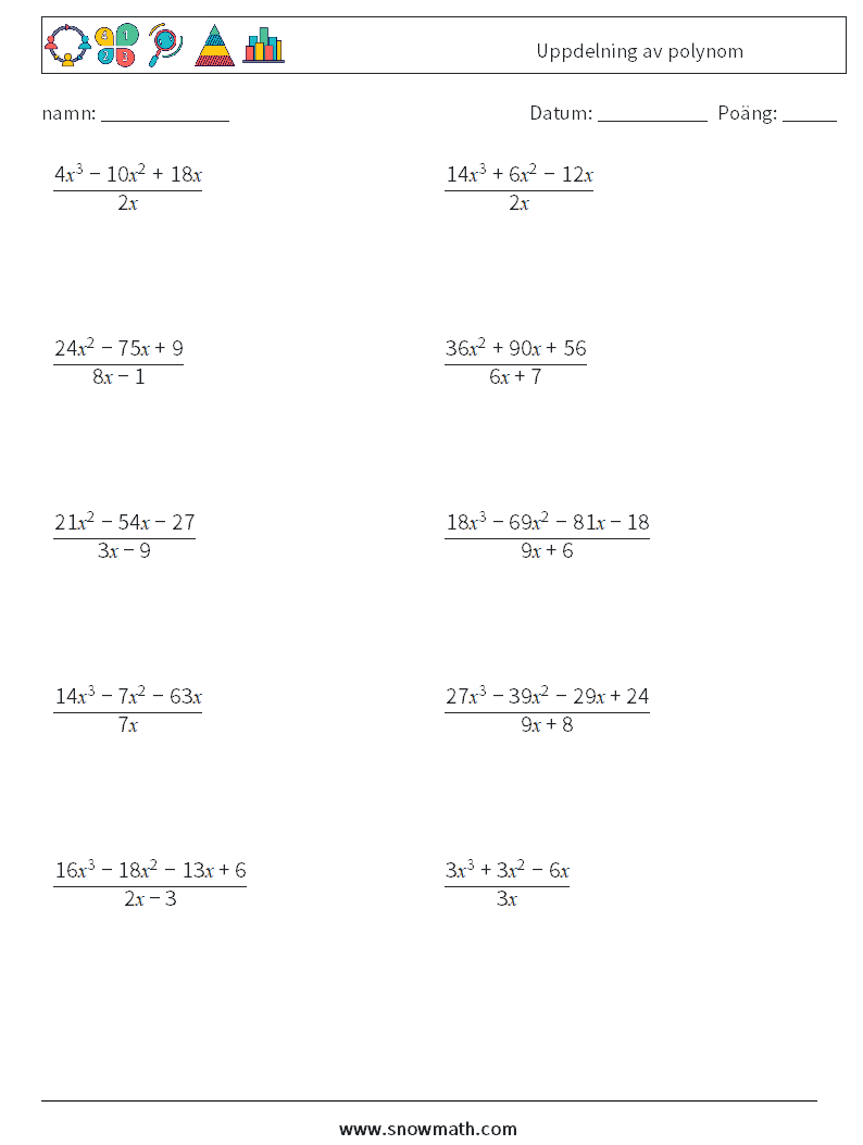 Uppdelning av polynom Matematiska arbetsblad 4