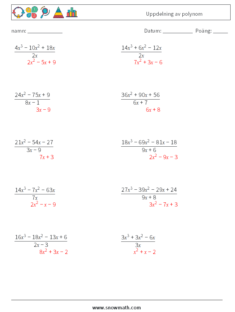 Uppdelning av polynom Matematiska arbetsblad 4 Fråga, svar