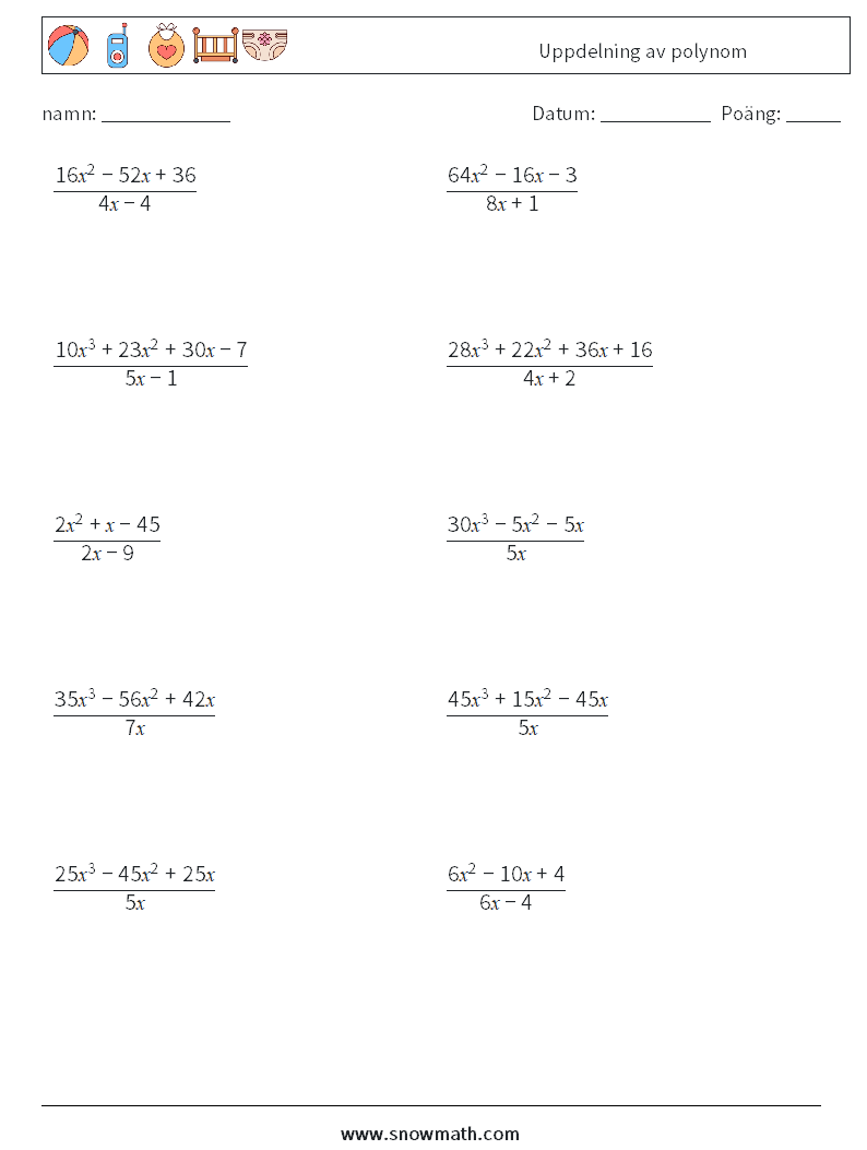 Uppdelning av polynom Matematiska arbetsblad 5