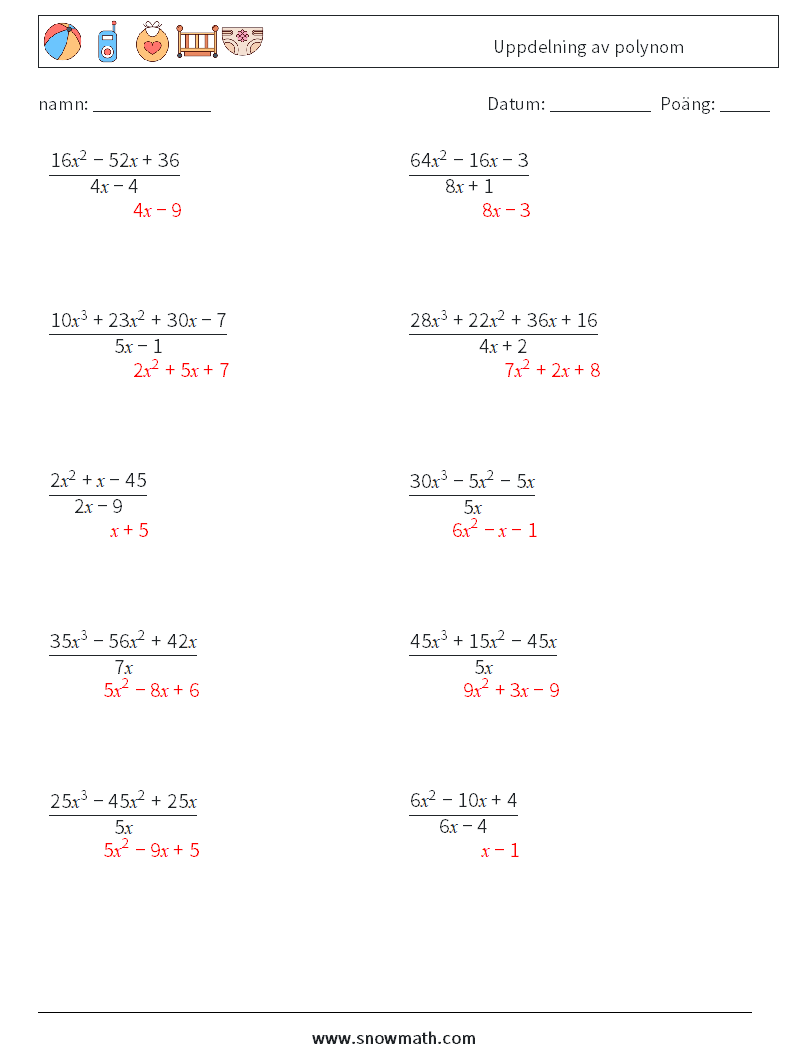Uppdelning av polynom Matematiska arbetsblad 5 Fråga, svar