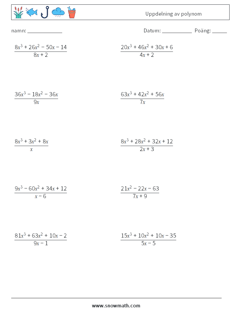 Uppdelning av polynom Matematiska arbetsblad 6