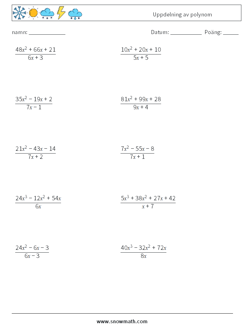 Uppdelning av polynom Matematiska arbetsblad 7