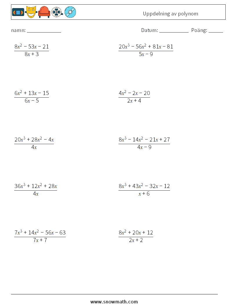 Uppdelning av polynom Matematiska arbetsblad 9