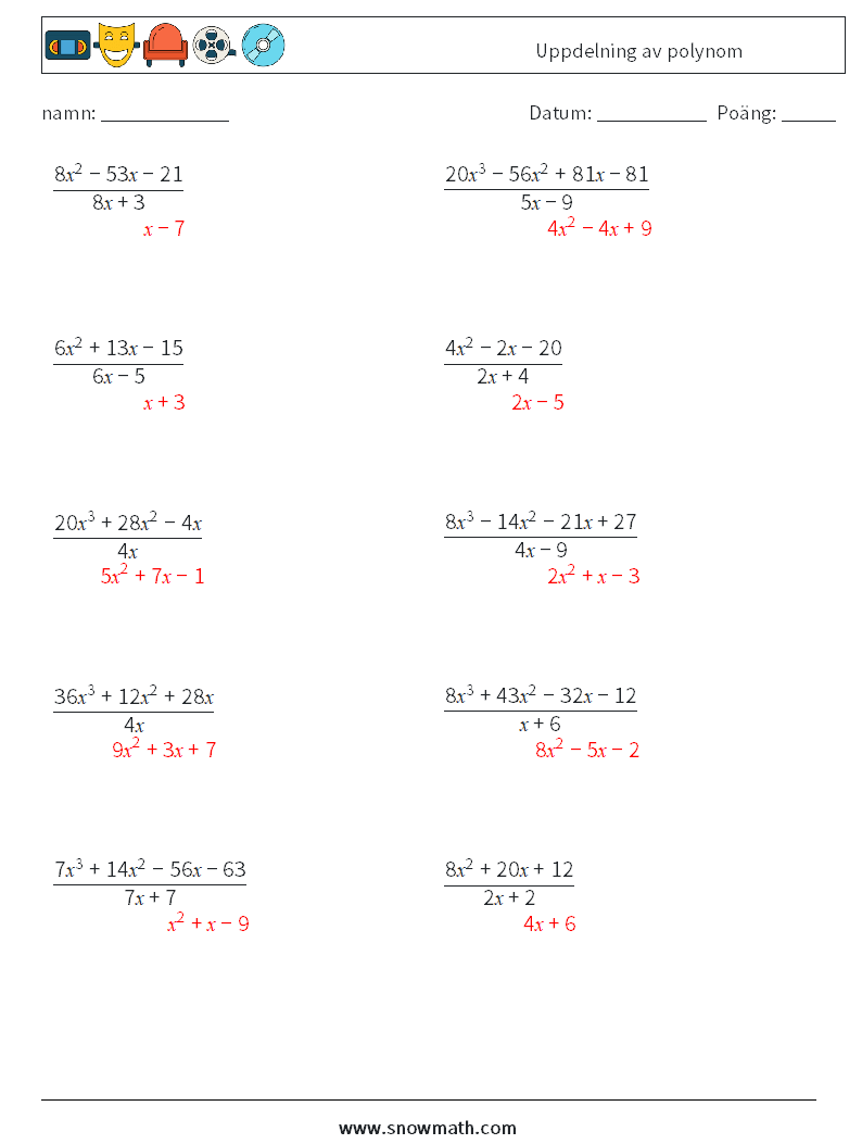 Uppdelning av polynom Matematiska arbetsblad 9 Fråga, svar