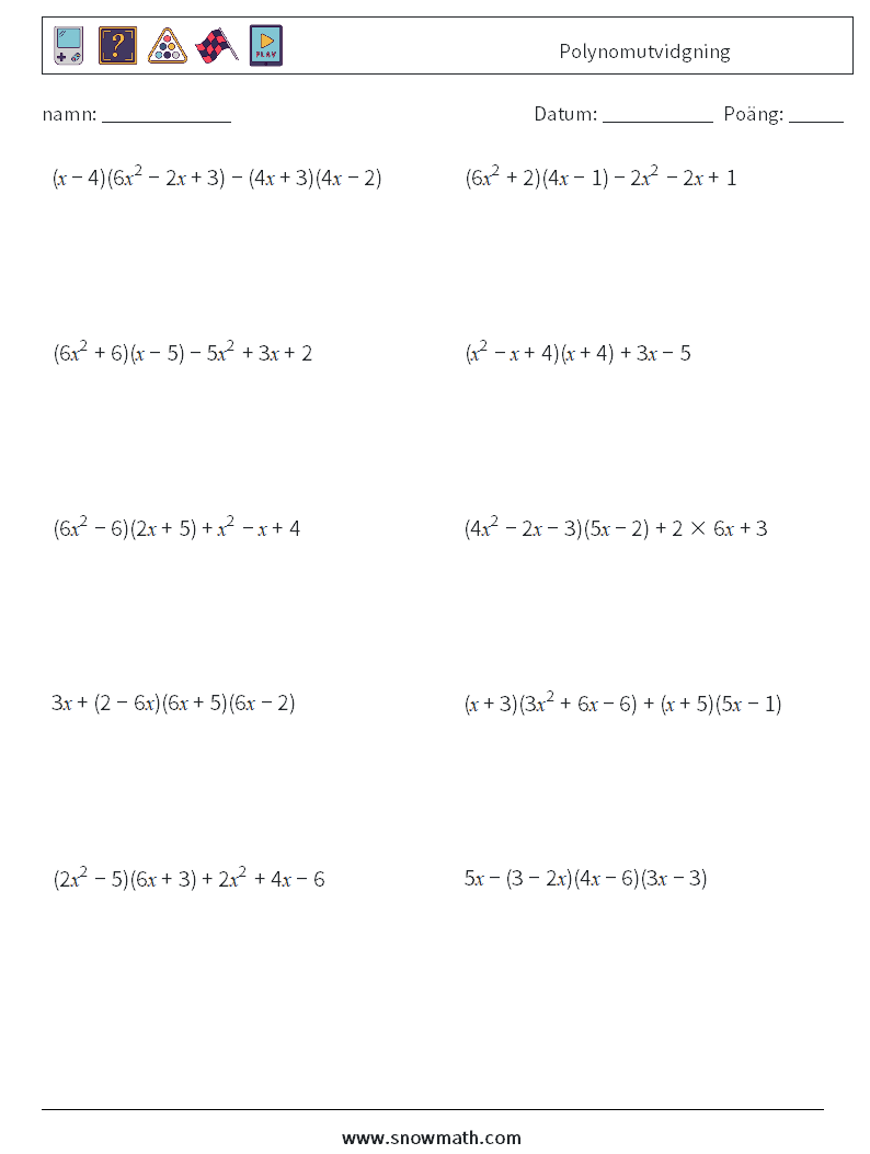 Polynomutvidgning Matematiska arbetsblad 2