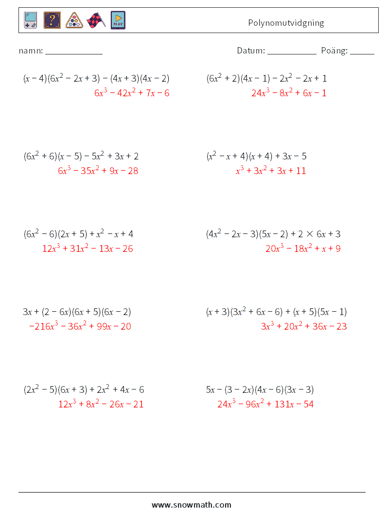 Polynomutvidgning Matematiska arbetsblad 2 Fråga, svar