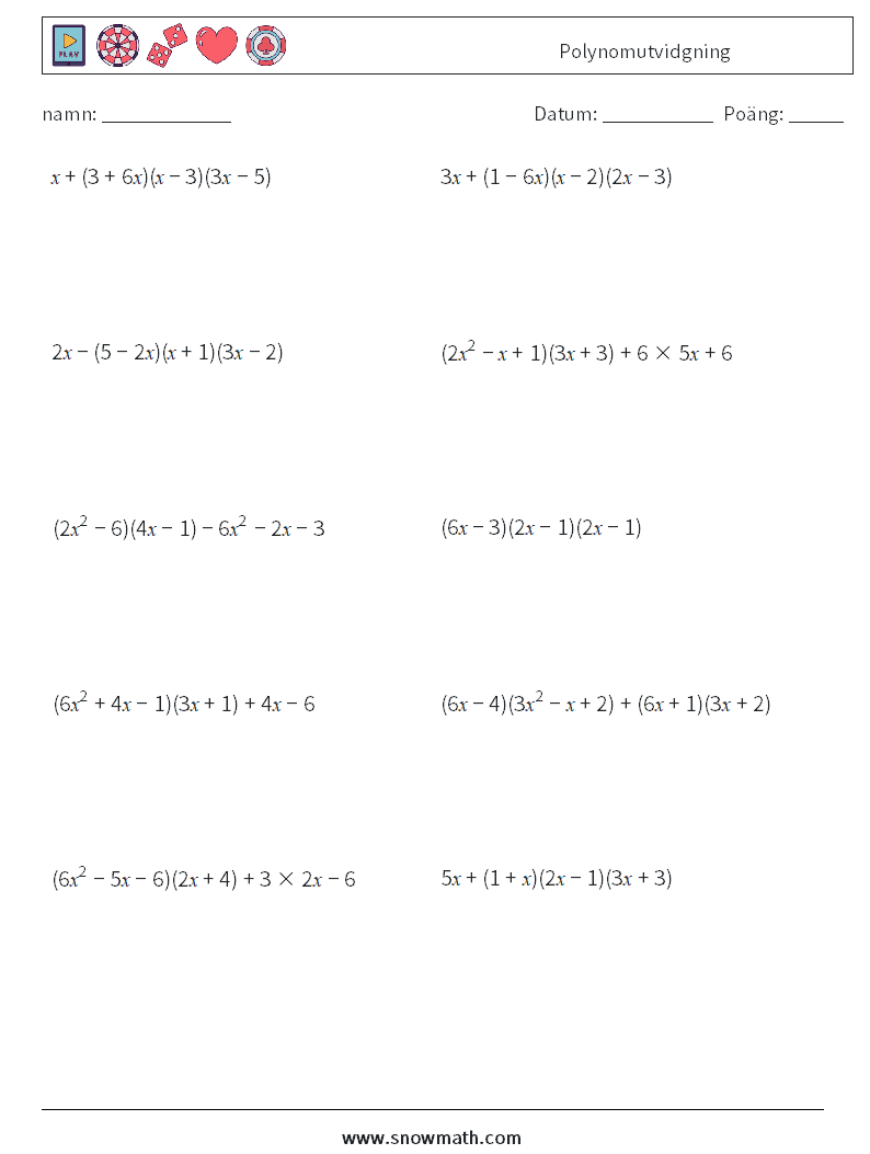 Polynomutvidgning Matematiska arbetsblad 6