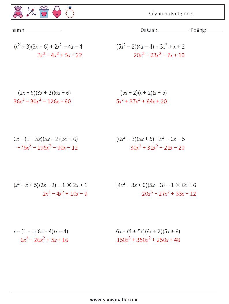 Polynomutvidgning Matematiska arbetsblad 7 Fråga, svar