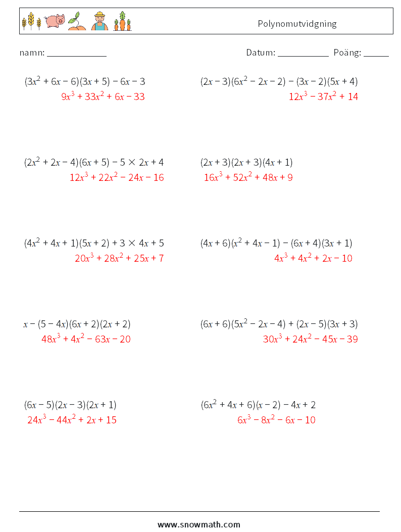 Polynomutvidgning Matematiska arbetsblad 8 Fråga, svar