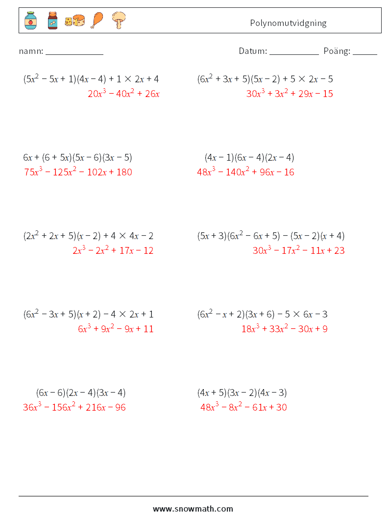 Polynomutvidgning Matematiska arbetsblad 9 Fråga, svar