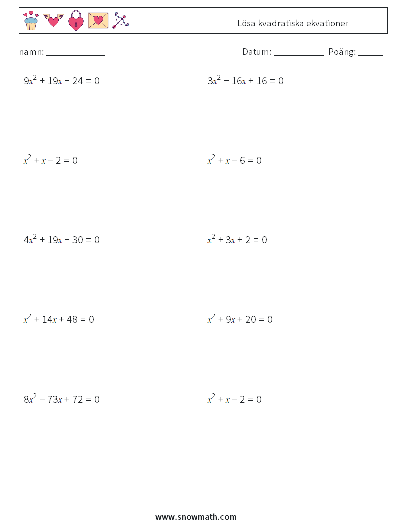 Lösa kvadratiska ekvationer Matematiska arbetsblad 2