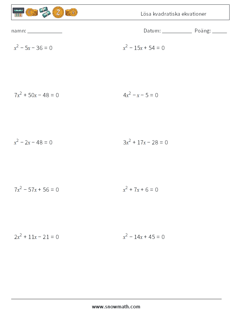 Lösa kvadratiska ekvationer Matematiska arbetsblad 3