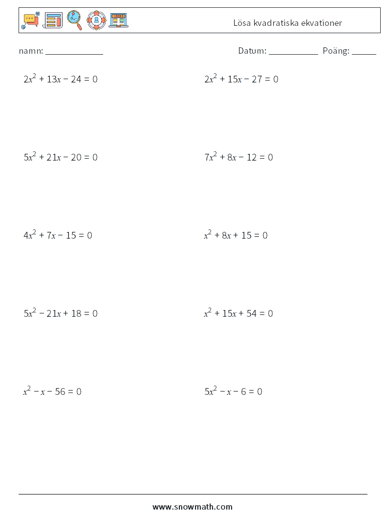 Lösa kvadratiska ekvationer Matematiska arbetsblad 4
