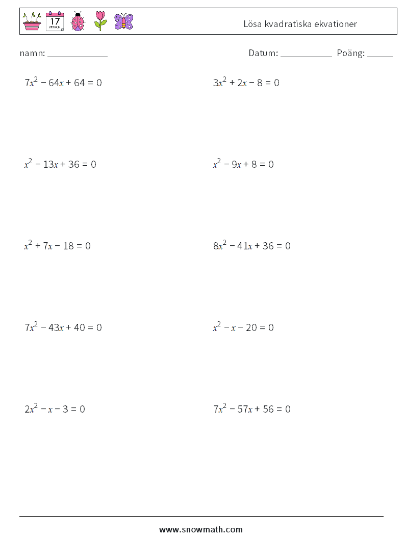 Lösa kvadratiska ekvationer Matematiska arbetsblad 5