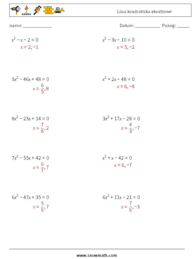 Lösa kvadratiska ekvationer Matematiska arbetsblad 7 Fråga, svar