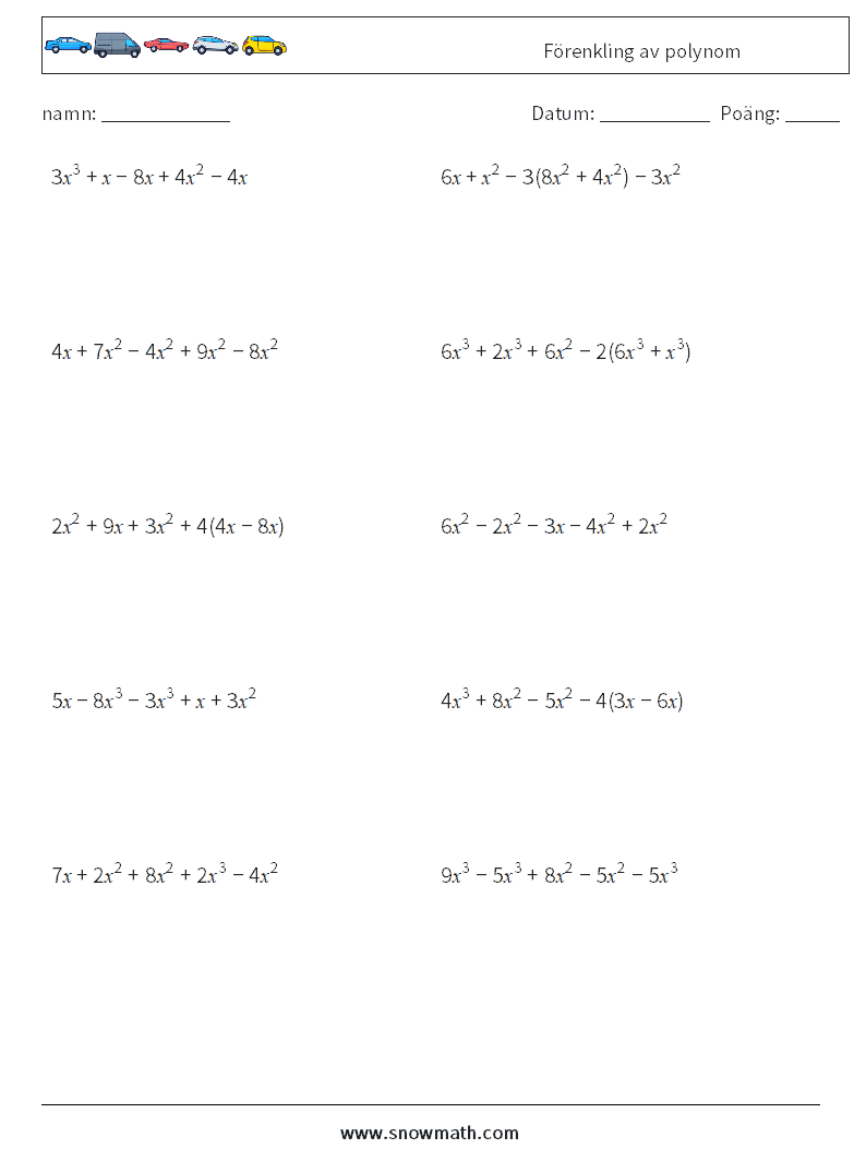 Förenkling av polynom Matematiska arbetsblad 1