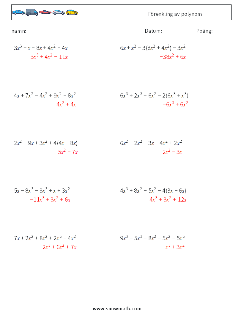 Förenkling av polynom Matematiska arbetsblad 1 Fråga, svar