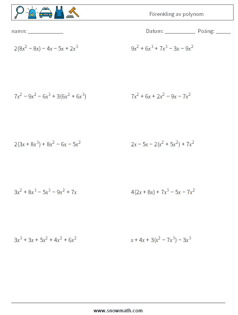 Förenkling av polynom Matematiska arbetsblad 2