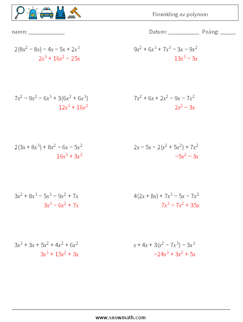 Förenkling av polynom Matematiska arbetsblad 2 Fråga, svar