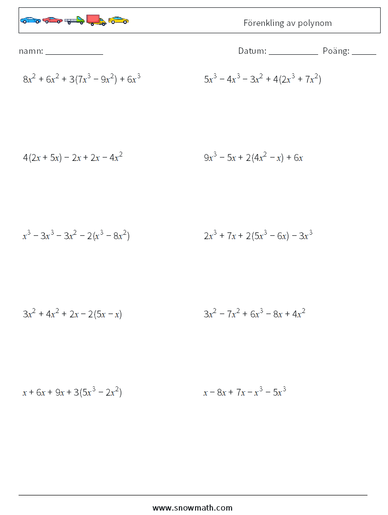 Förenkling av polynom Matematiska arbetsblad 3