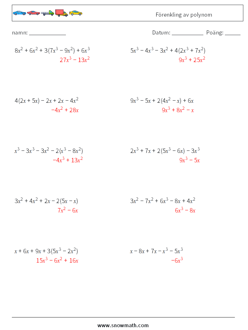 Förenkling av polynom Matematiska arbetsblad 3 Fråga, svar