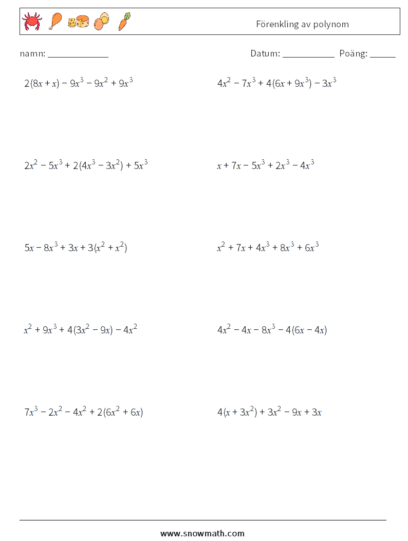 Förenkling av polynom Matematiska arbetsblad 4